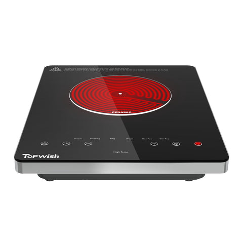 TopWish electric cooktop front view with LED touch controls for precise heat settings.