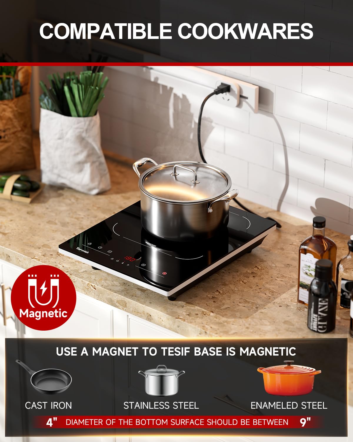 TopWish induction cooktop LED display enables quick temperature adjustments.