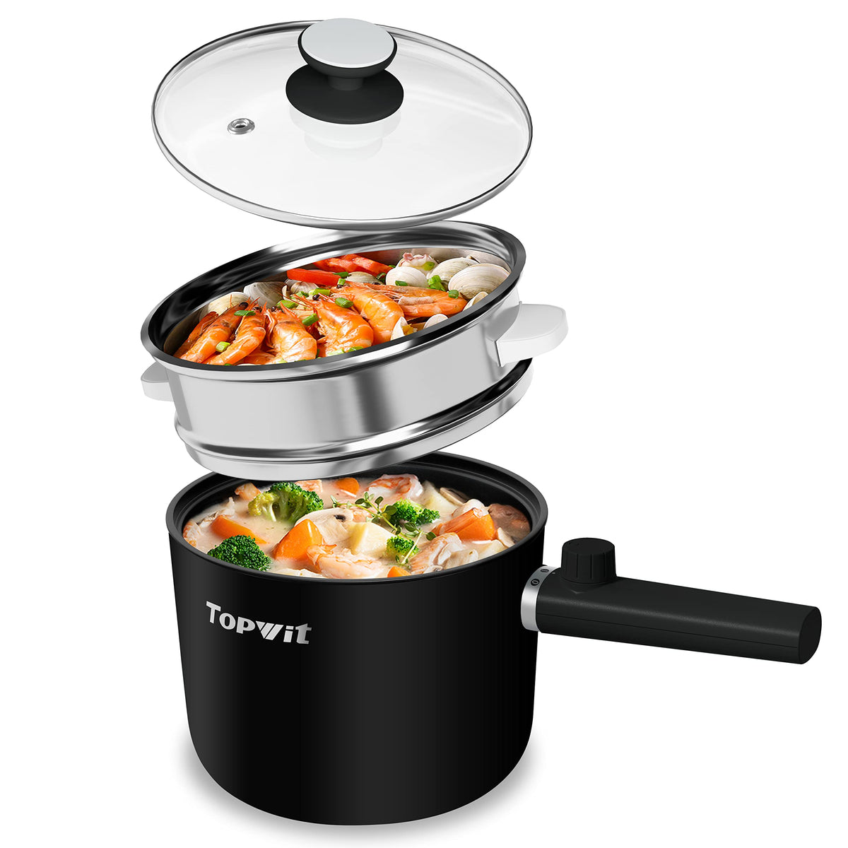 TopWit 1.5L cooker with steamer showing the steaming layer for flexible meals