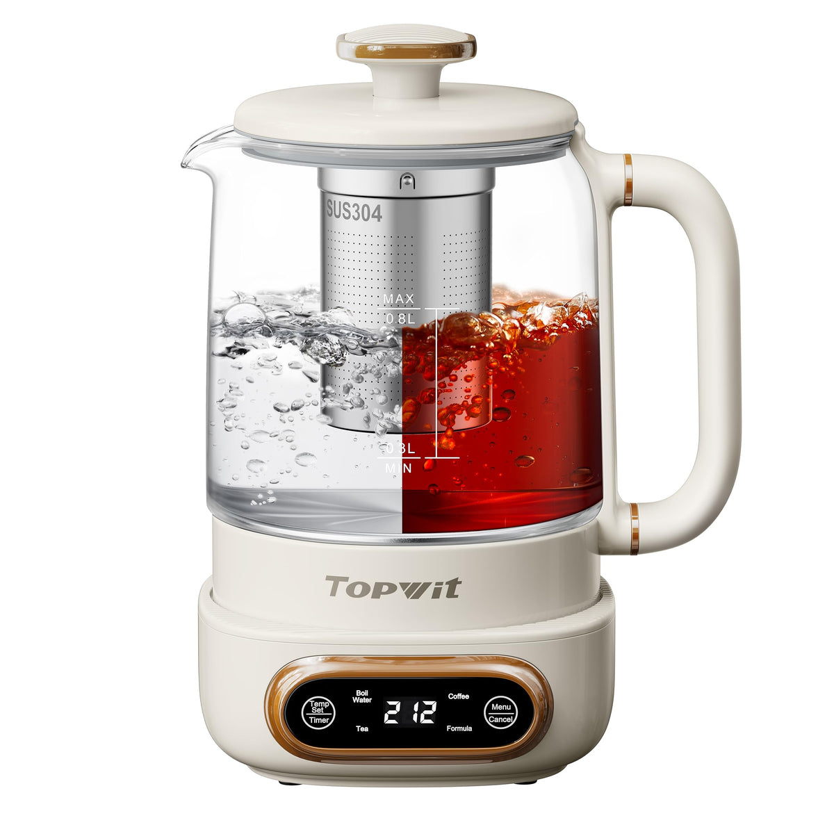Topwit electric tea kettle front view in a sleek glass design offering precise temperature control