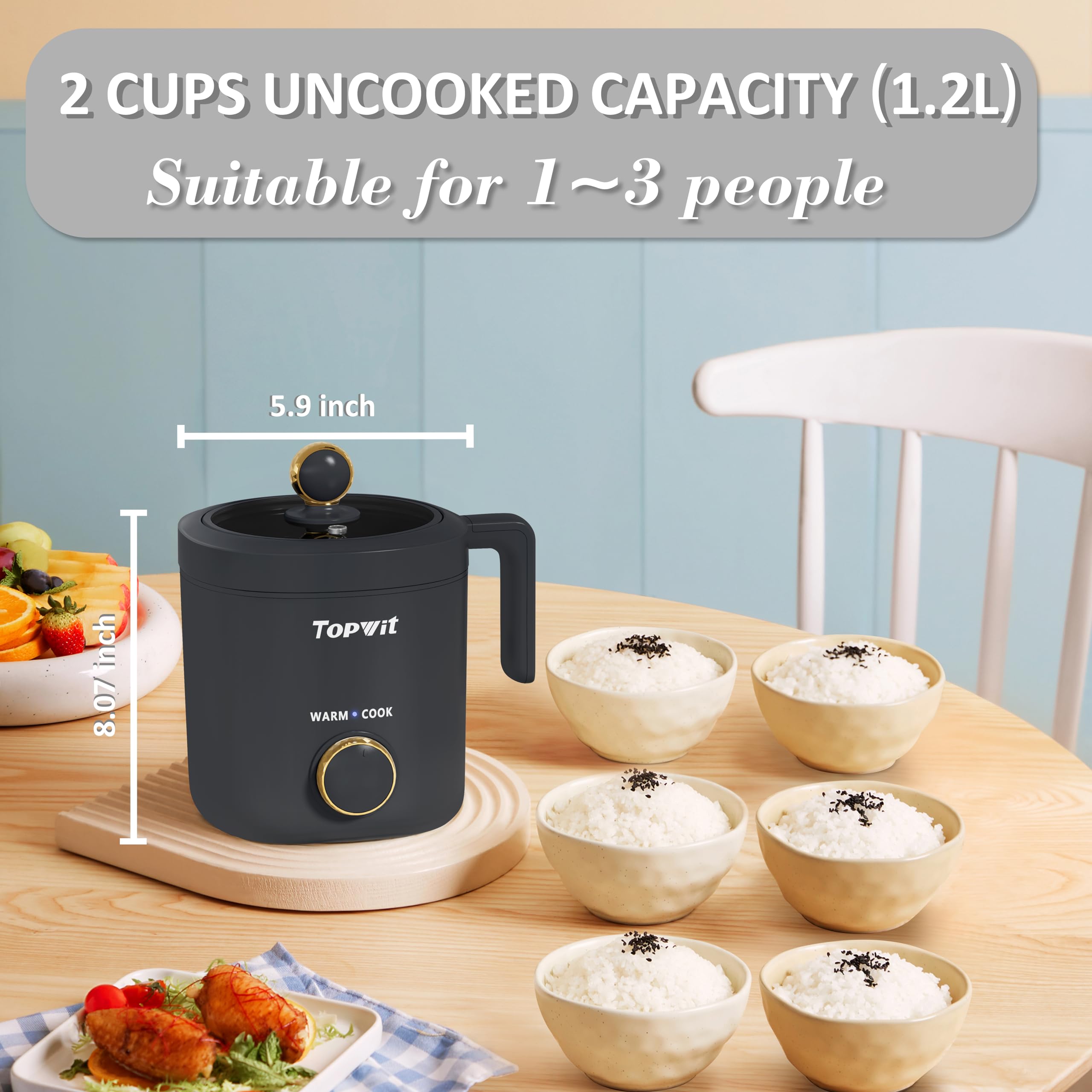 TopWit rice cooker 2-cups capacity ideal for 1-3 people.