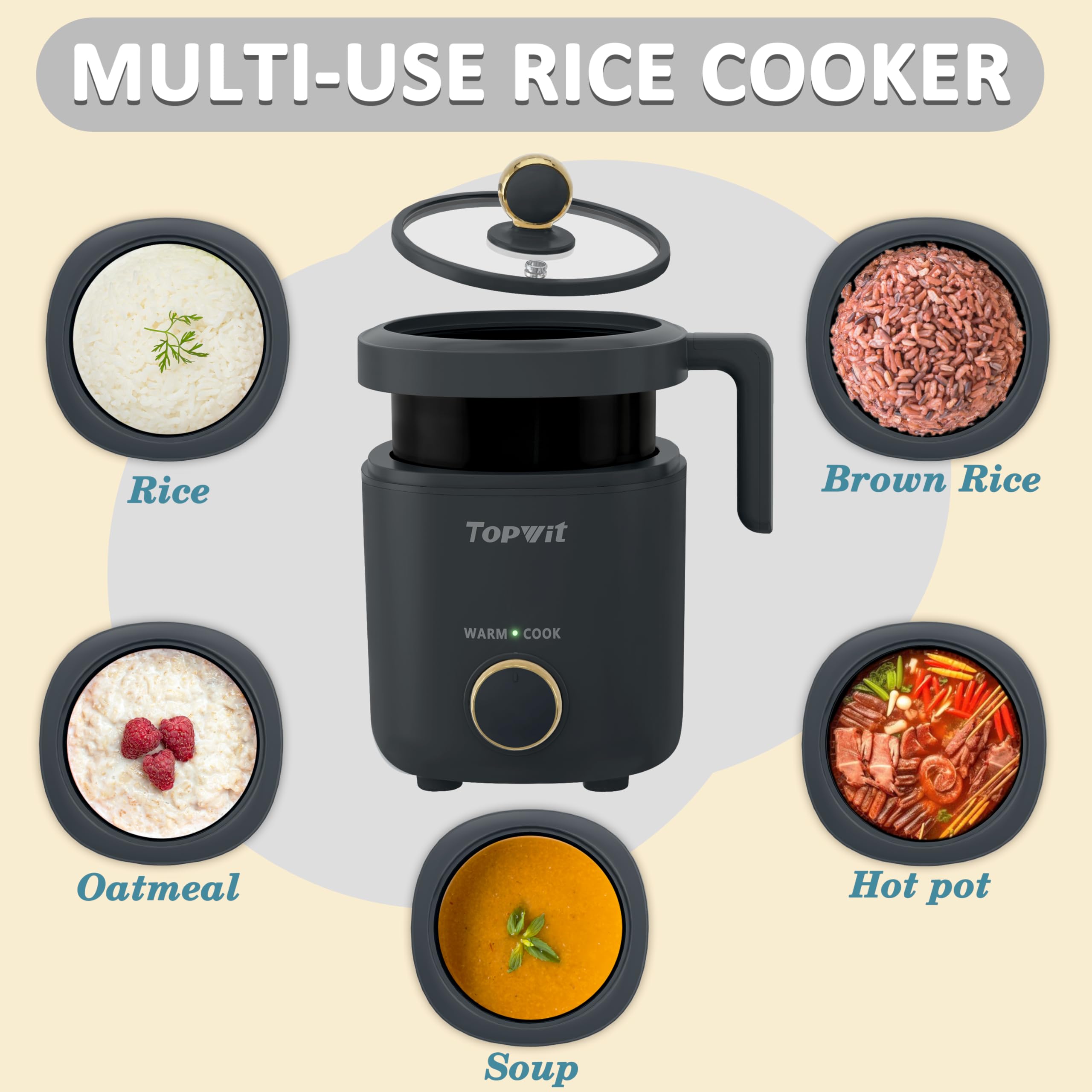 TopWit rice cooker compact size fits small kitchens and dorms.