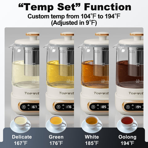 Topwit kettle shows 11 temperature settings for custom beverages