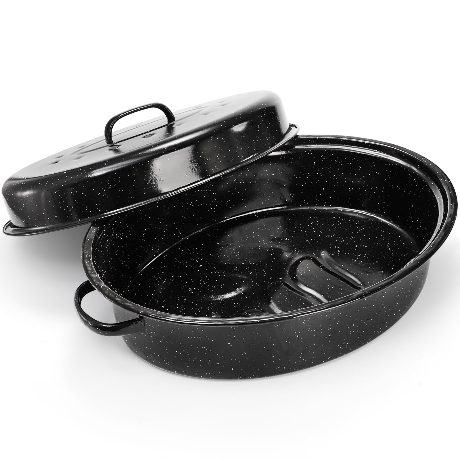 TOPZEA granite roasting pan with lid provides even heat for juicy roasts.
