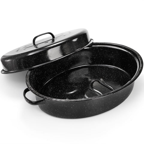 TOPZEA granite roasting pan with lid provides even heat for juicy roasts.