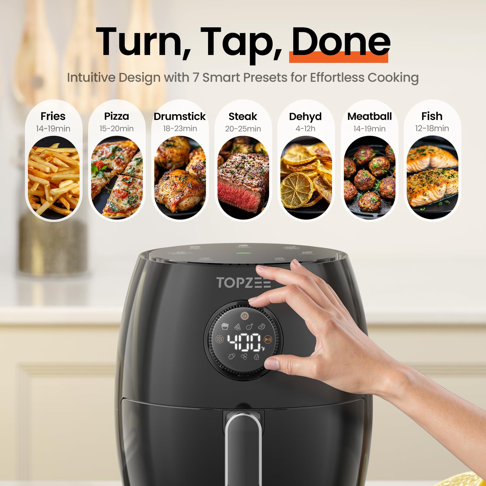 Topzee 2.1Qt air fryer digital interface highlights seven presets and easy control.