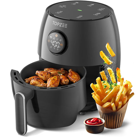 Topzee 2.1Qt air fryer front view, compact for small kitchens and quick meals.