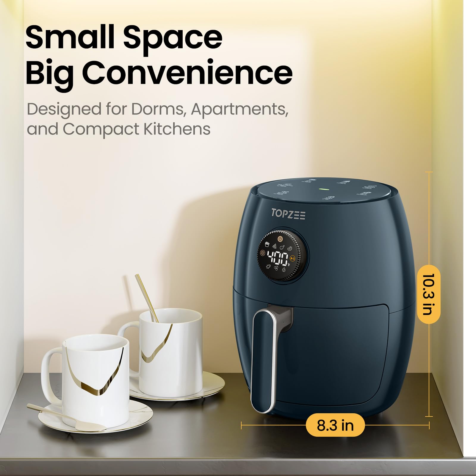 Topzee 4-in-1 air fryer showing air fry, roast, bake, and reheat modes.