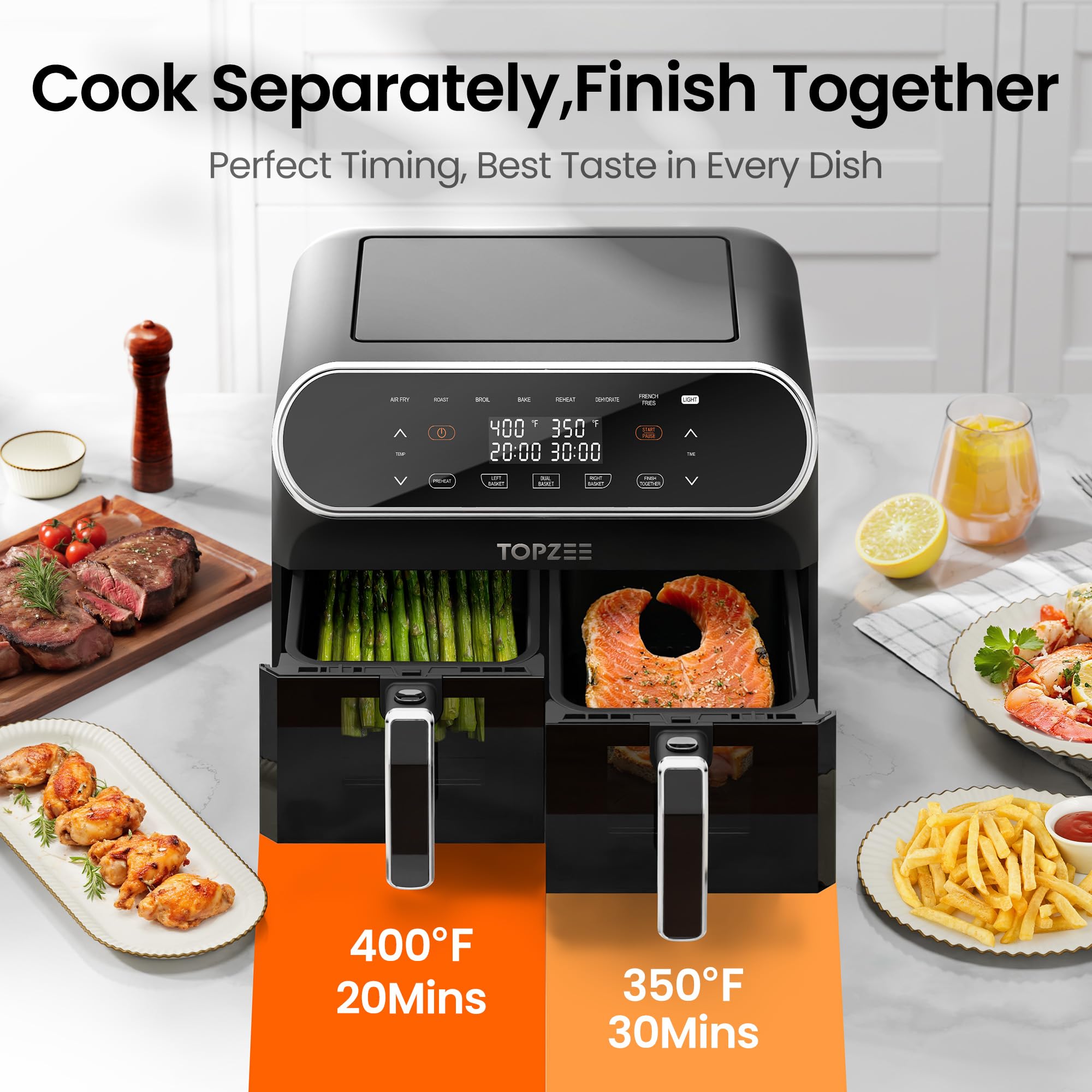 Topzee 8QT air fryer clear viewing windows for monitoring.