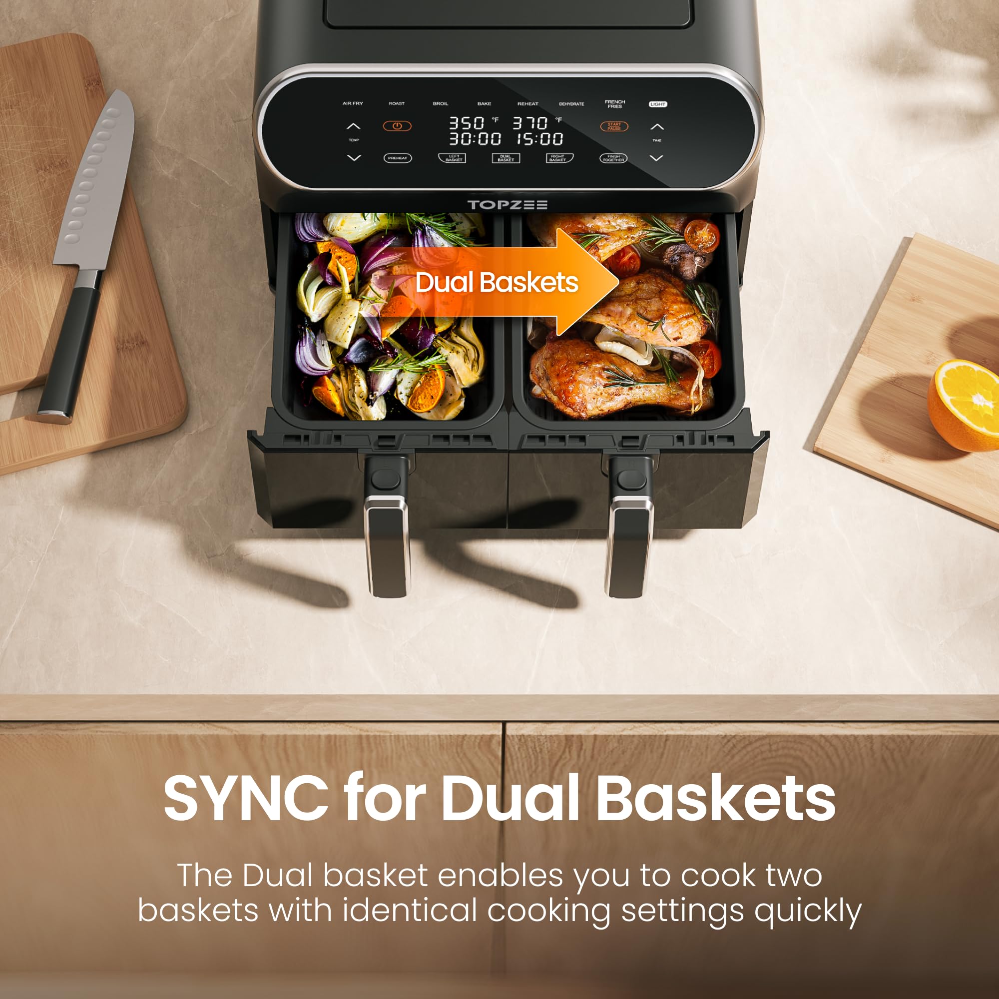 Topzee 8QT dual basket air fryer dual baskets shown for versatile cooking.