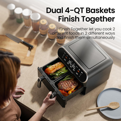 Topzee 8QT air fryer finish-together mode for synchronized meals.