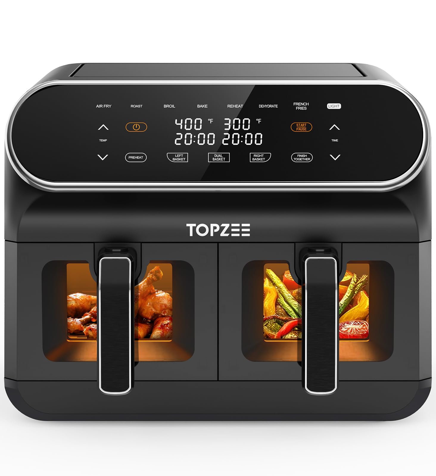 Topzee 8QT dual basket air fryer front view; compact for family meals.