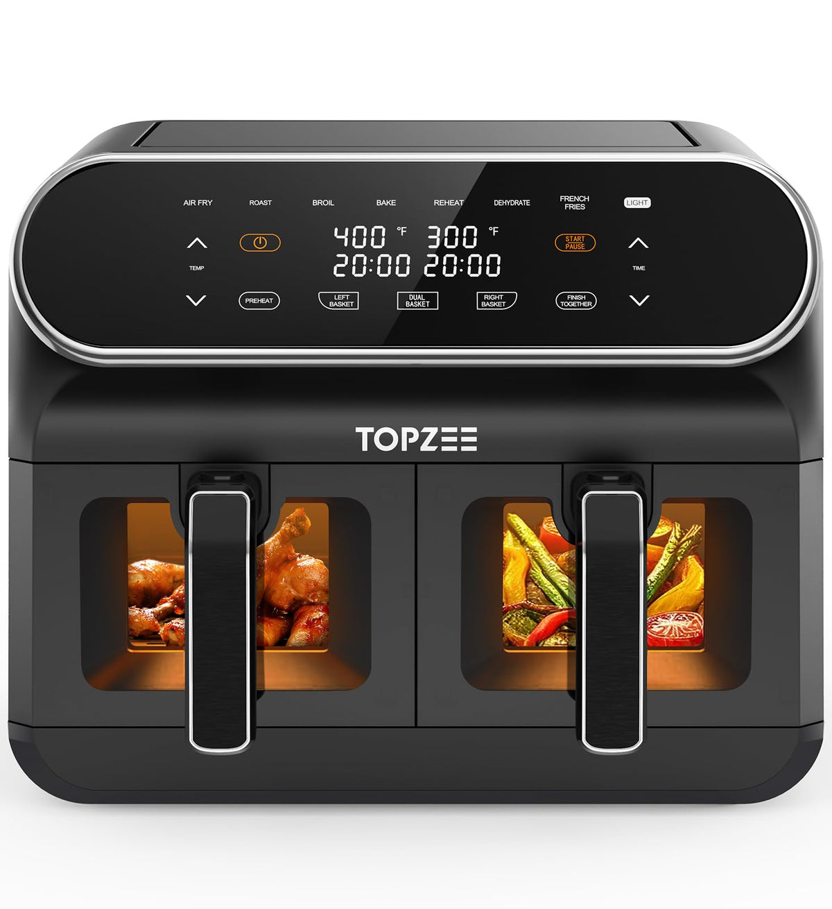 Topzee 8QT dual basket air fryer front view; compact for family meals.