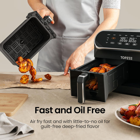 Topzee 8QT air fryer uses little to no oil for crispiness.