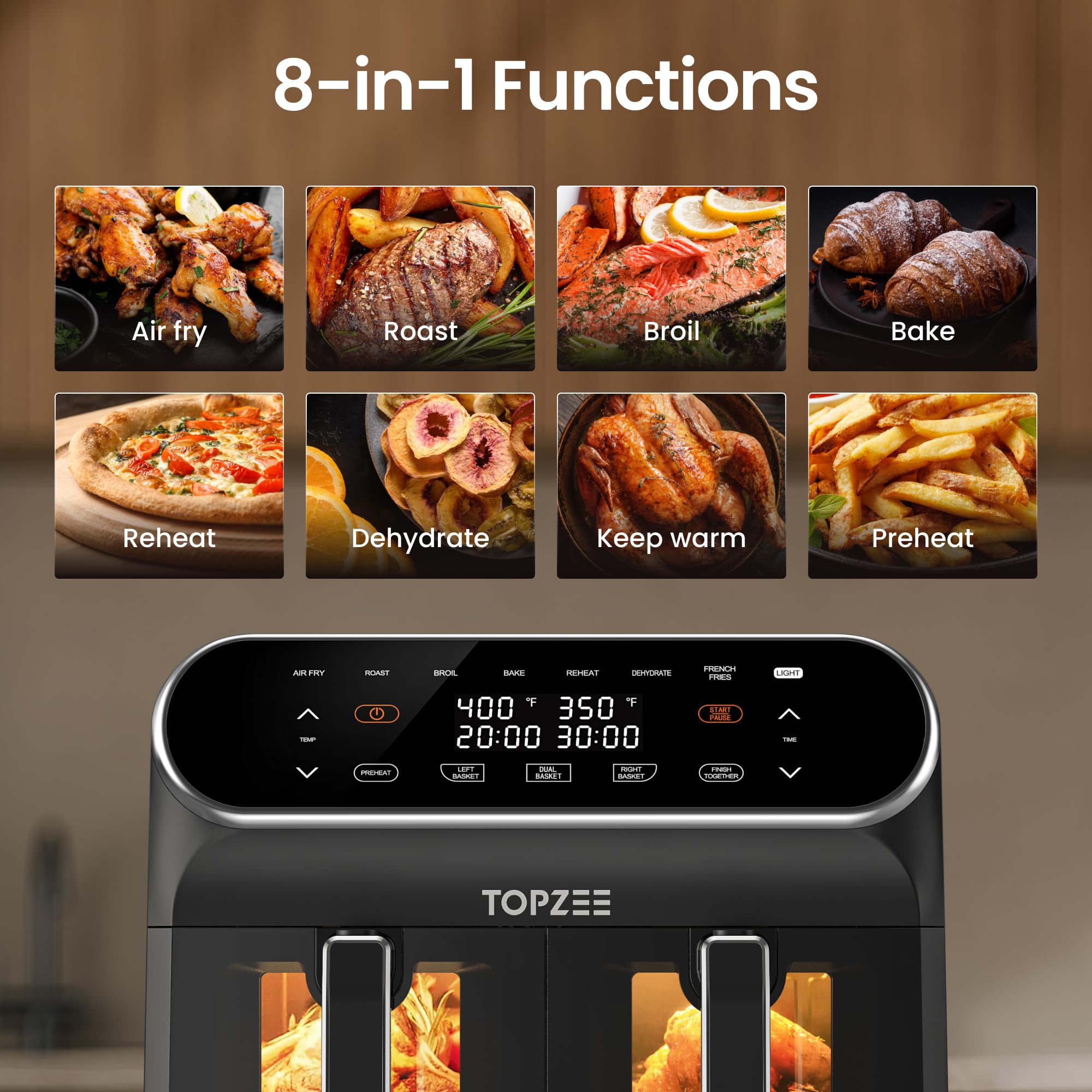 Topzee 8QT air fryer with separate settings for each basket.