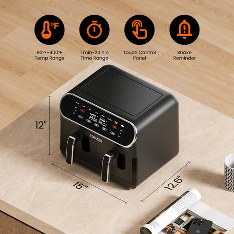 Topzee 8QT air fryer wide 90–400°F temperature range.