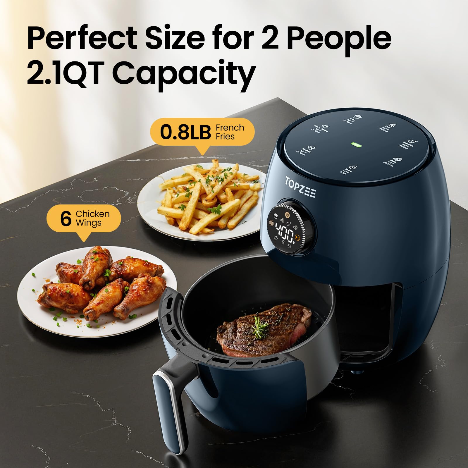 Topzee dark-blue air fryer front view on a kitchen counter.