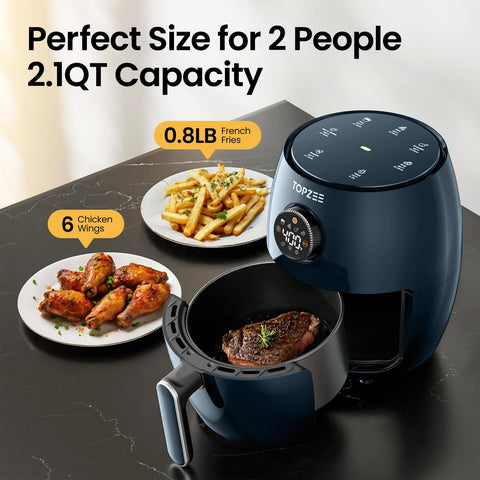 Topzee dark-blue air fryer front view on a kitchen counter.