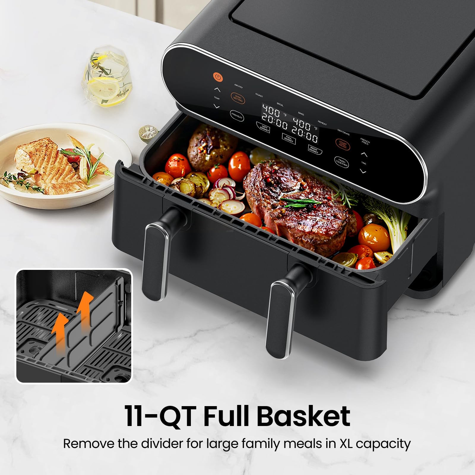Topzee flex basket divider shows dual cooking for different dishes simultaneously.