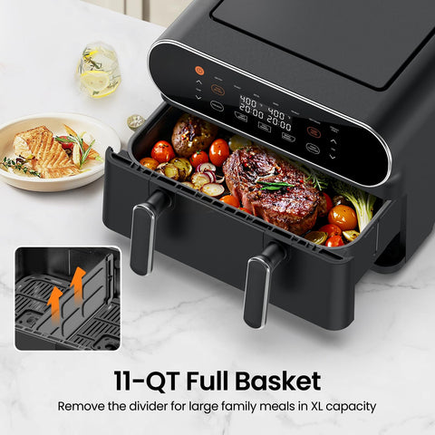Topzee flex basket divider shows dual cooking for different dishes simultaneously.