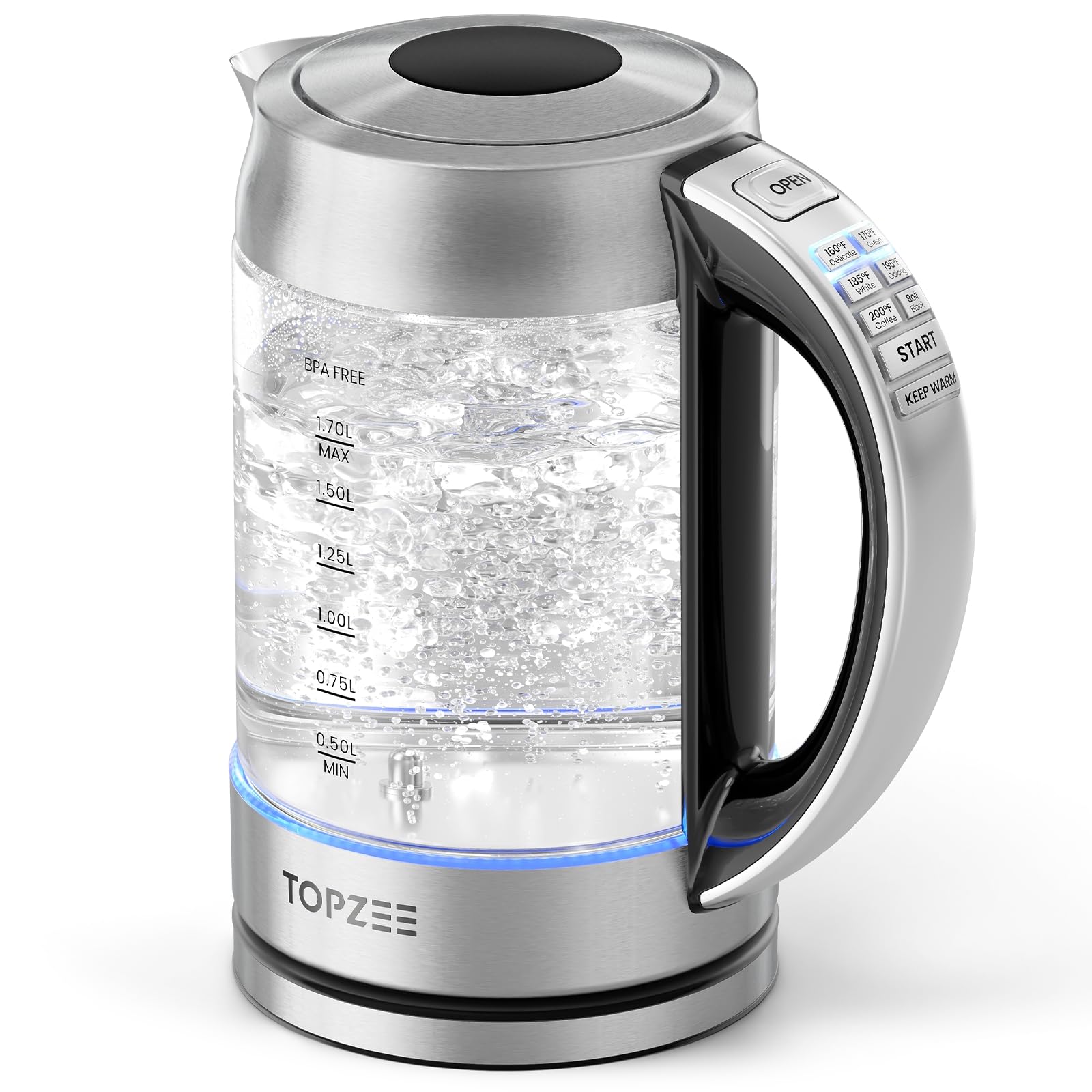 Topzee kettle glass body with blue LED for easy monitoring while boiling