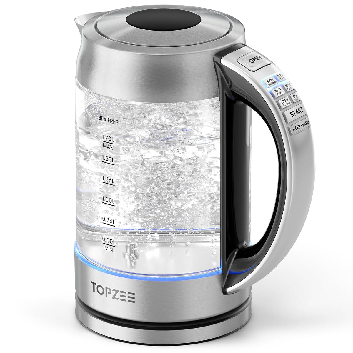 Topzee kettle glass body with blue LED for easy monitoring while boiling