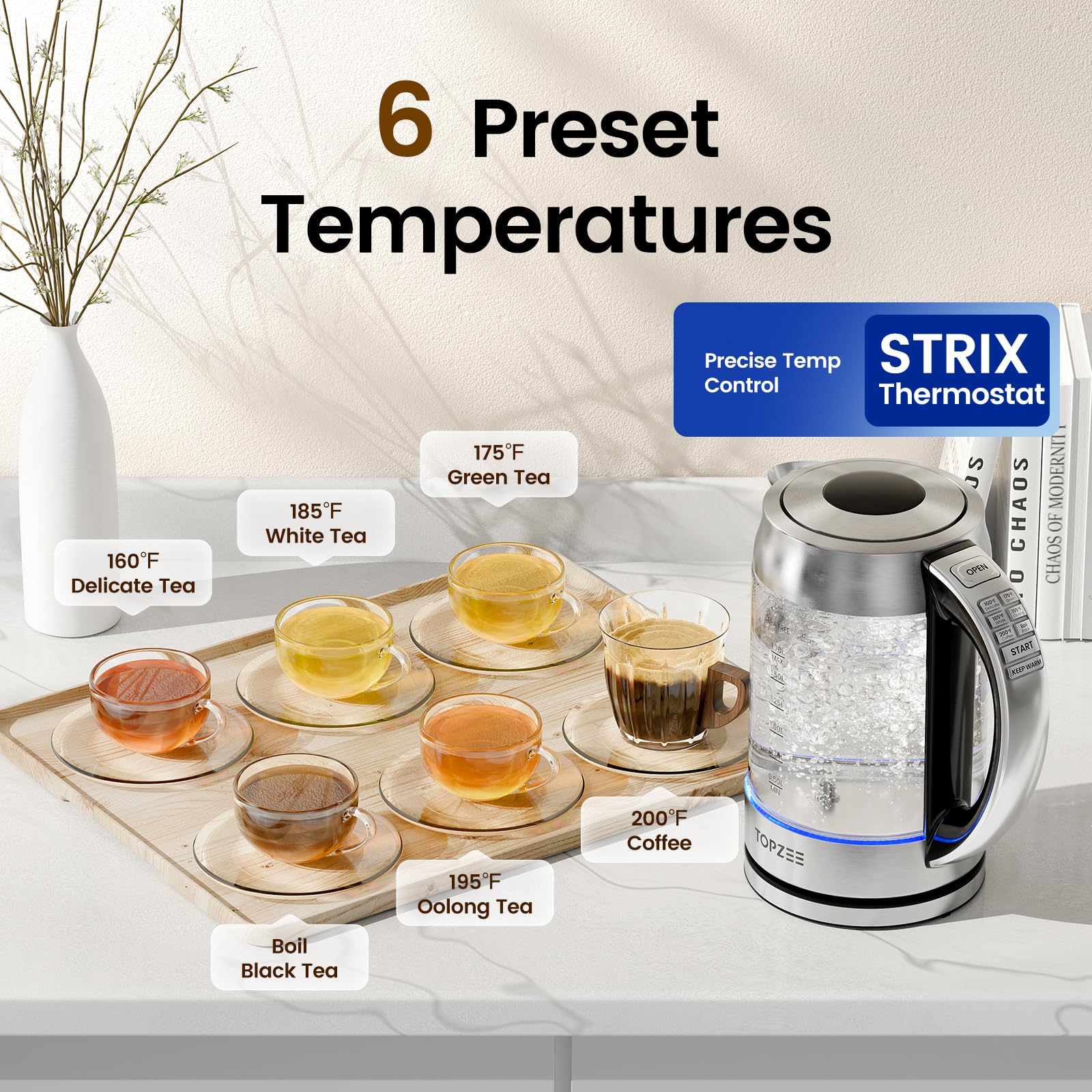 Topzee kettle shows water level markings for precise filling