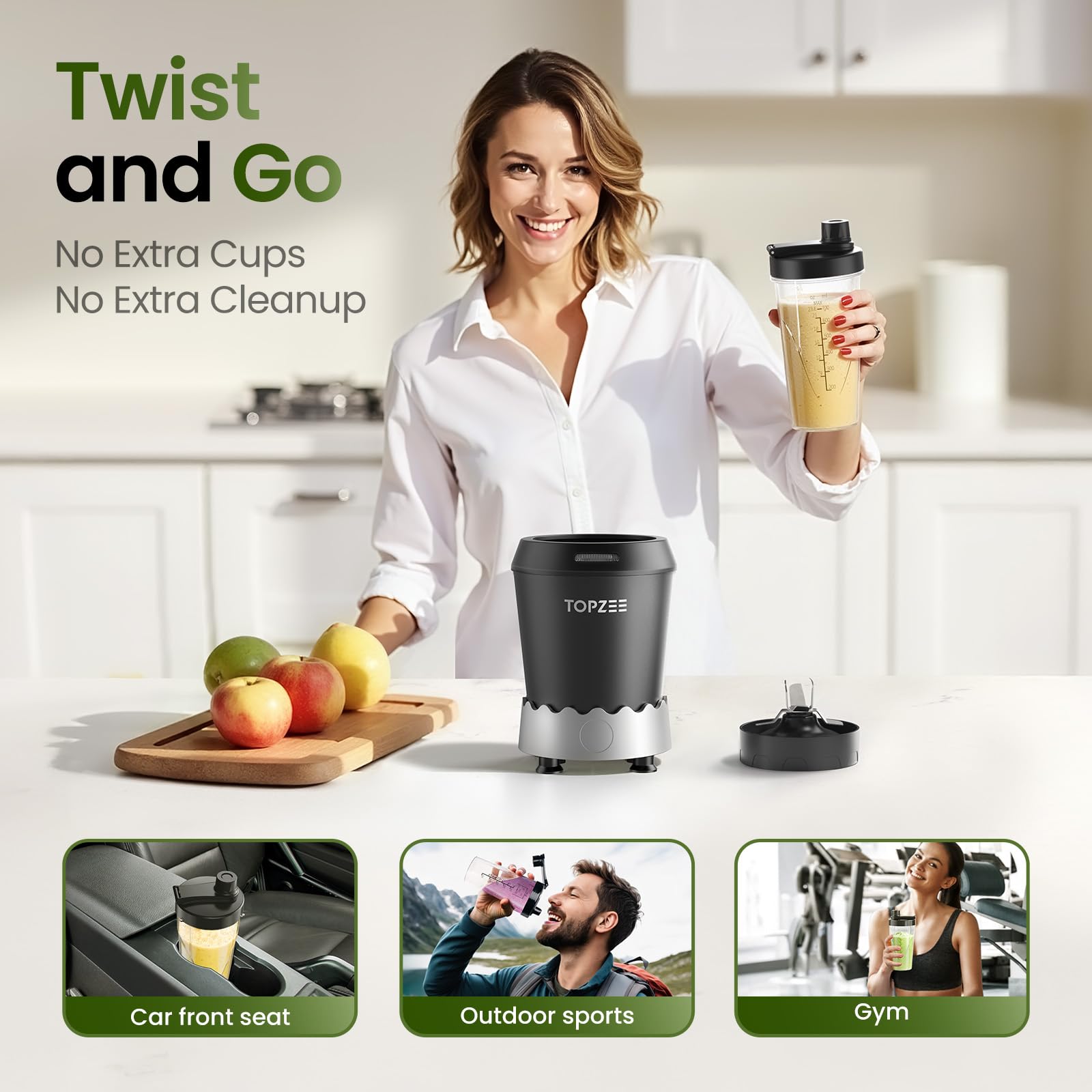 TOPZEE portable blender ideal for workouts, outdoor activities, and travel.