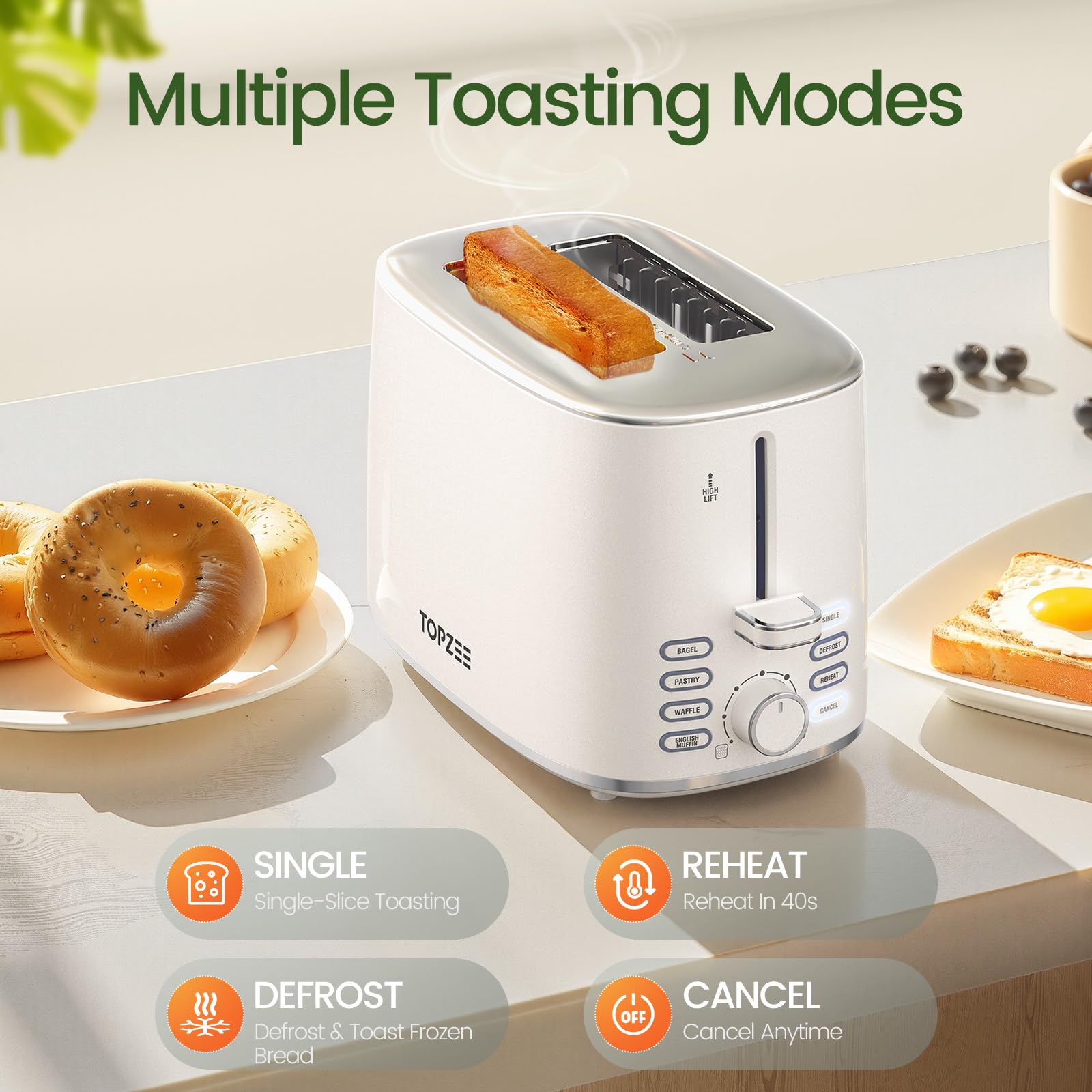 Topzee toaster top detail shows stainless steel and sleek design.