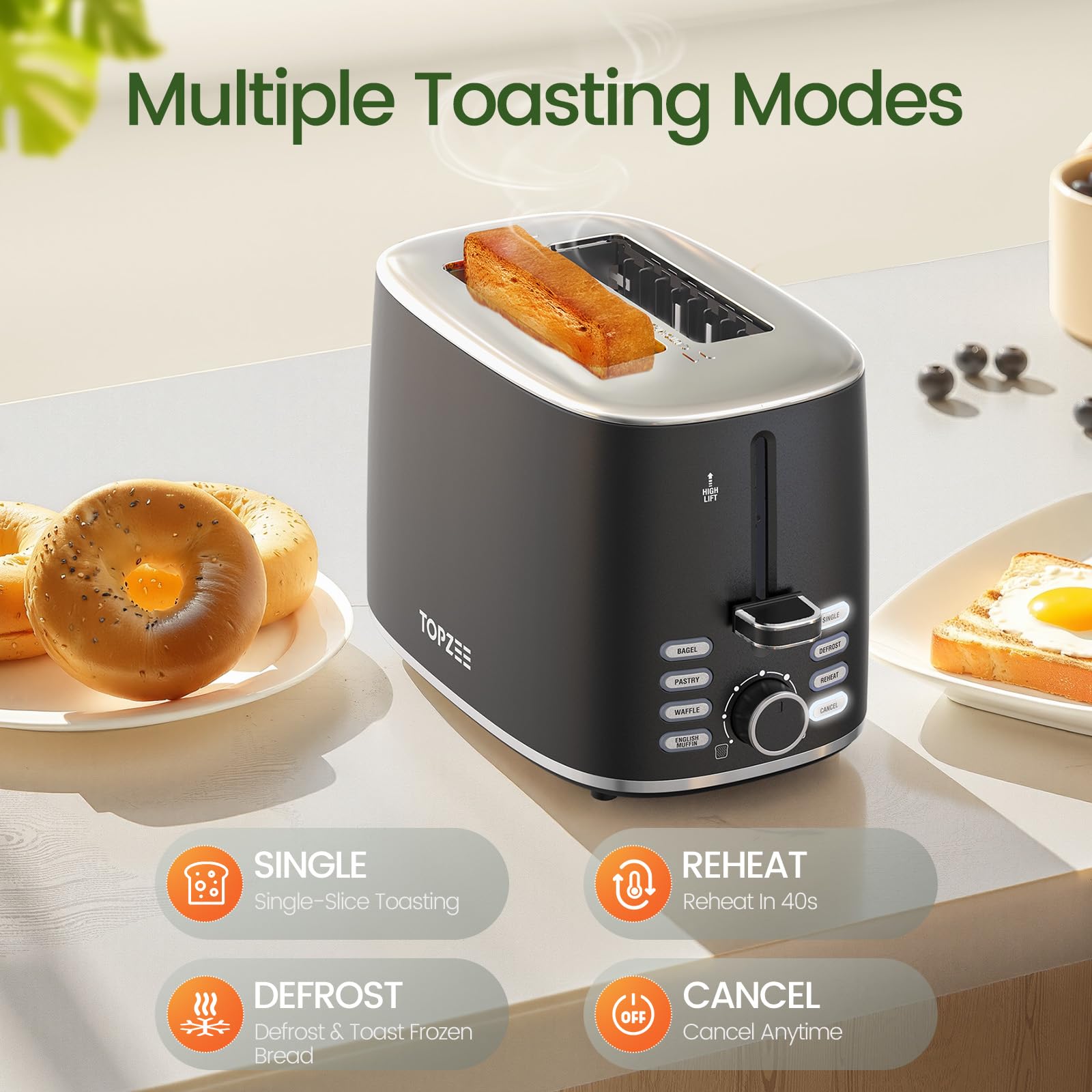 Topzee toaster wide-slot design handles waffles for quick breakfasts.