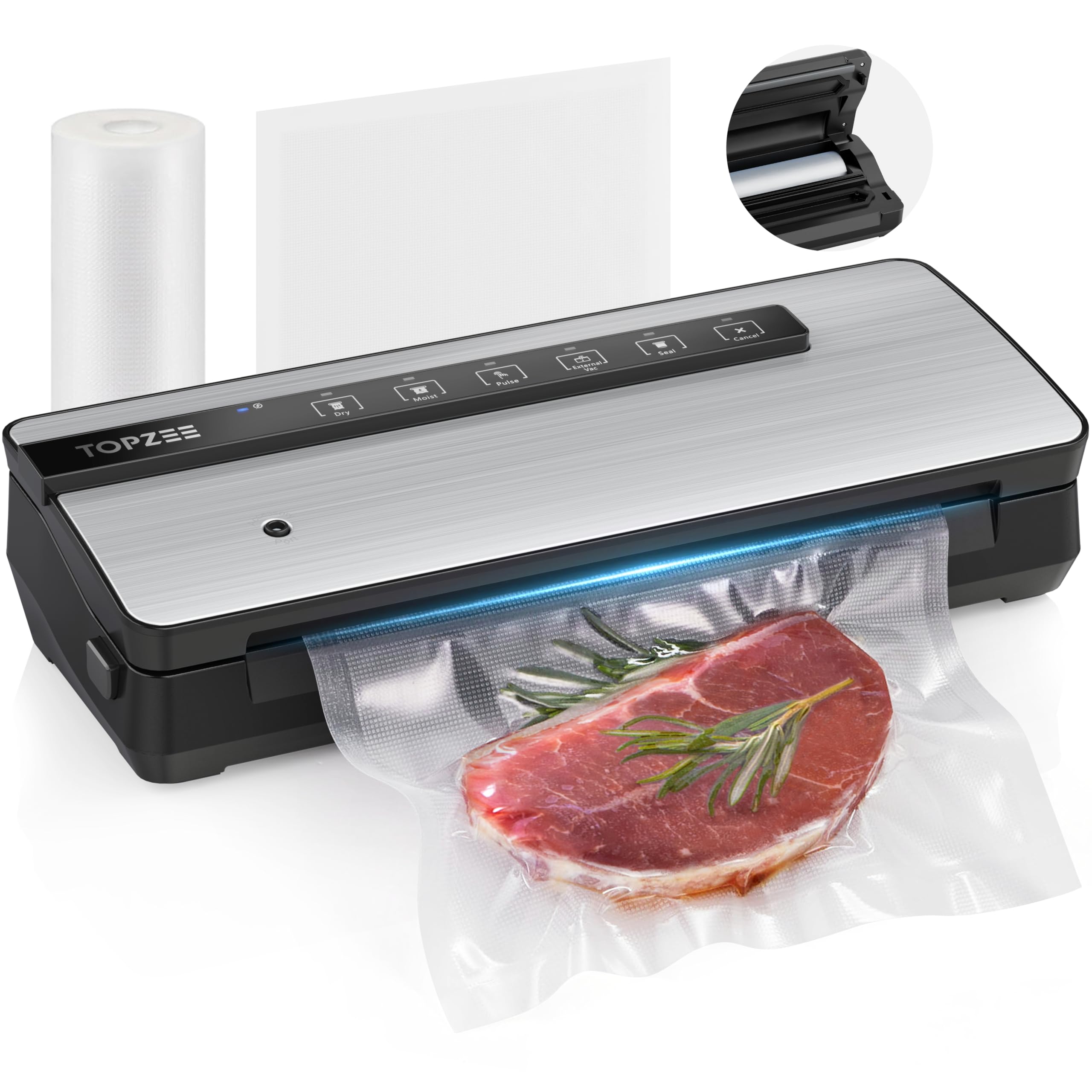 Topzee vacuum sealer with stainless steel cover ensures durable sealing for freshness