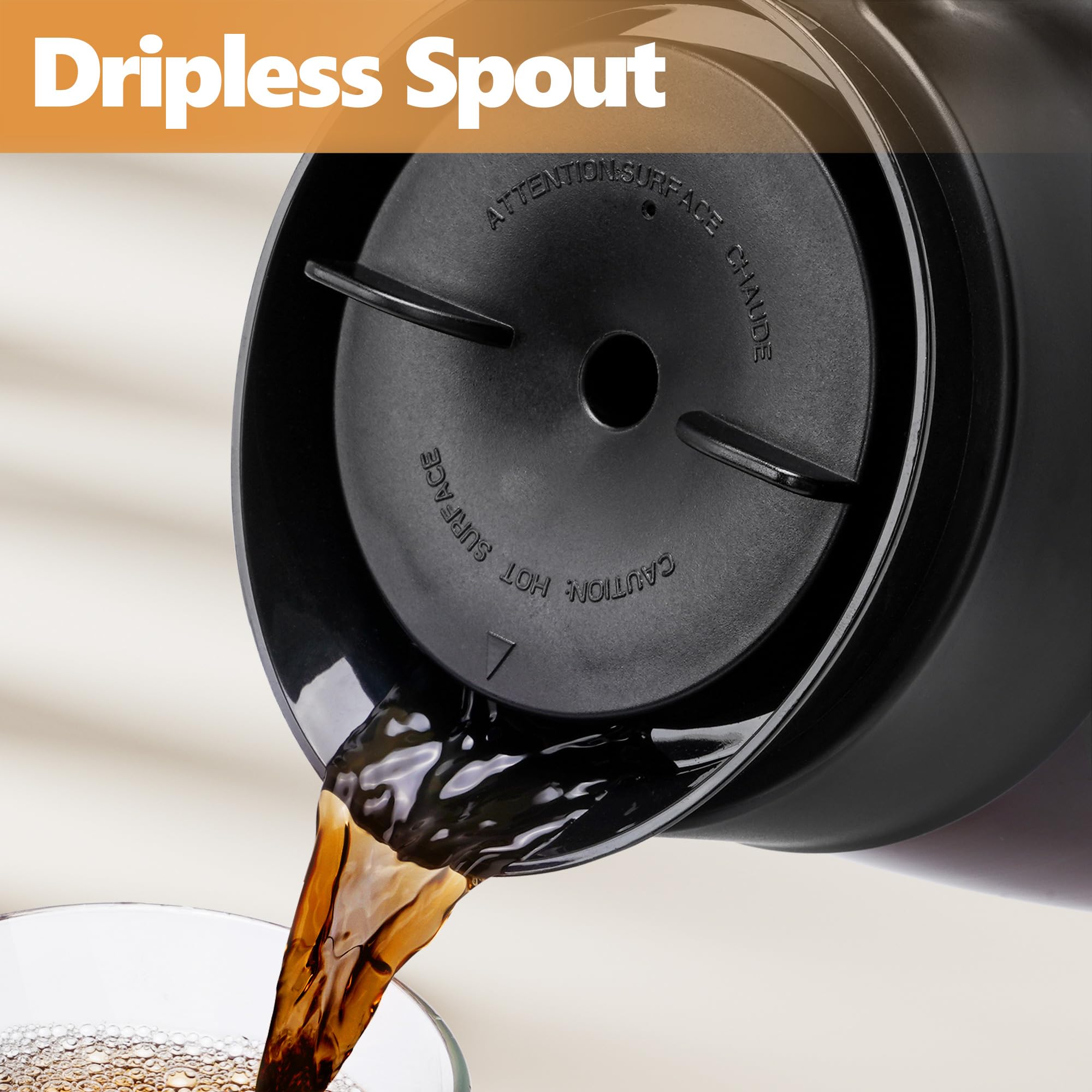TORETAS no-drip spout design keeps counters clean during quick coffee moments