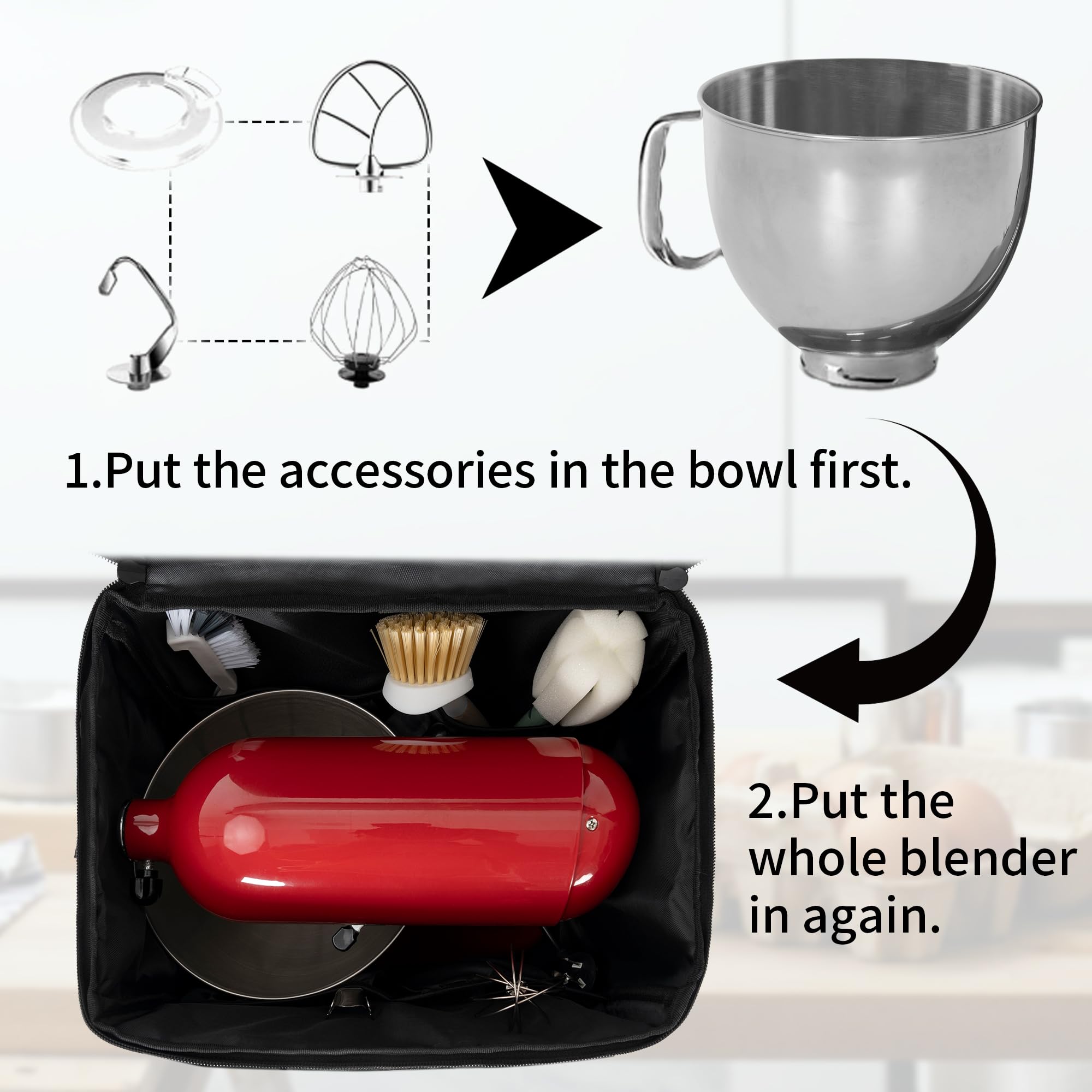TORIBIO bag front pocket stores utensils and recipe cards for easy access.