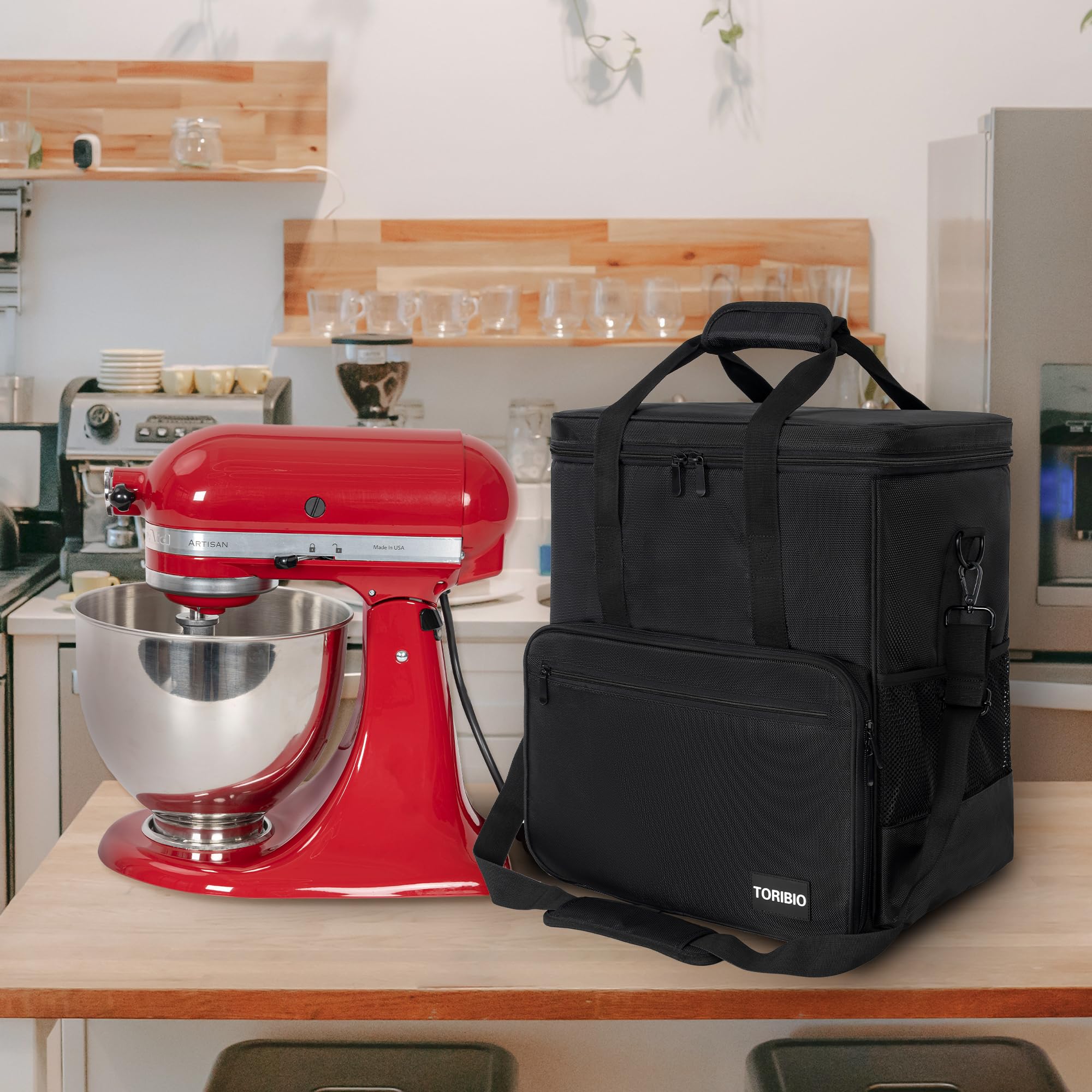 TORIBIO bag open view shows generous interior for mixer and accessories.