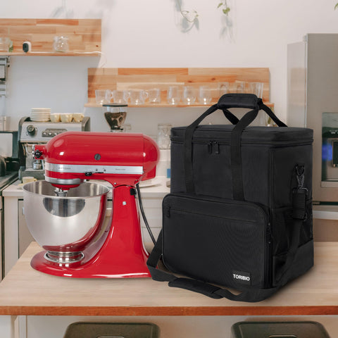 TORIBIO bag open view shows generous interior for mixer and accessories.