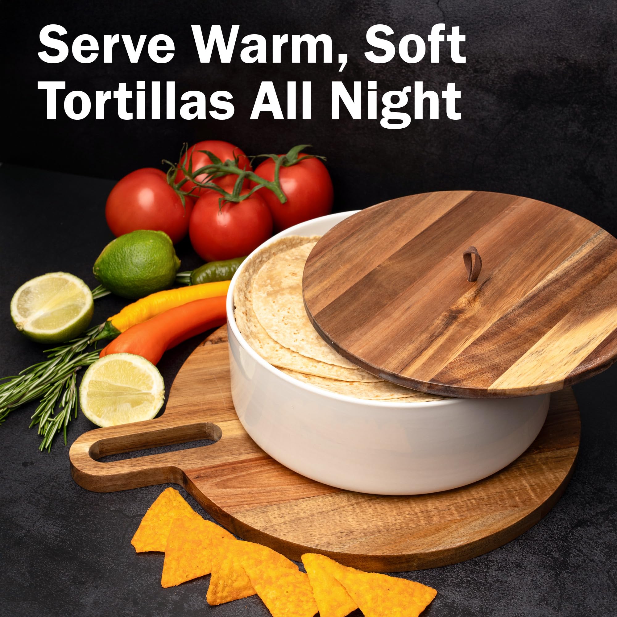 Tortillada bread warmer with lid preserves moisture and freshness at the table