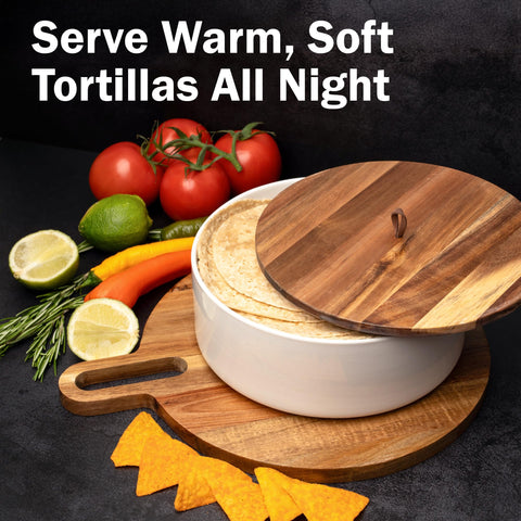 Tortillada bread warmer with lid preserves moisture and freshness at the table