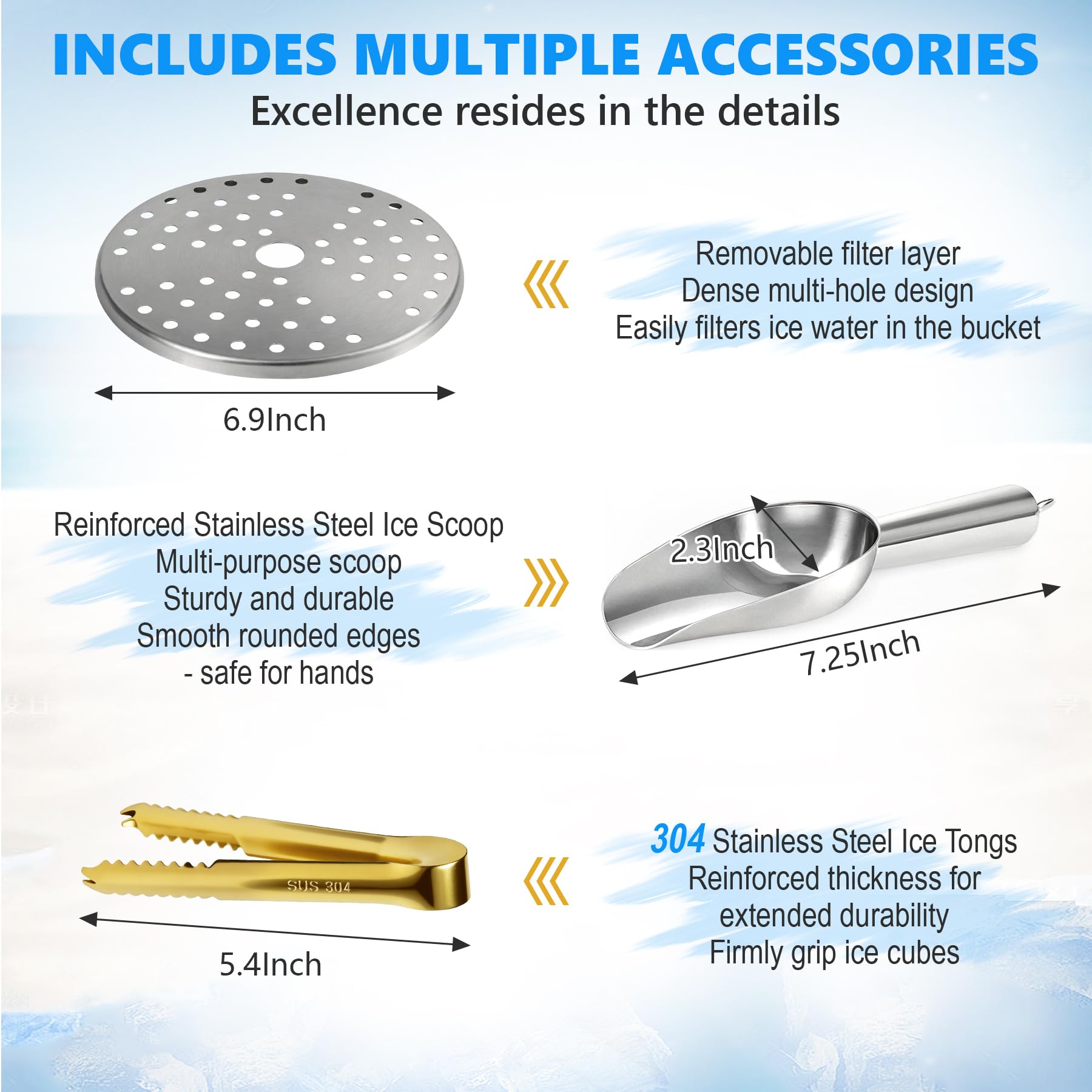 TOSELBAI includes ice scoop, tongs, and removable filter layer for easy prep.