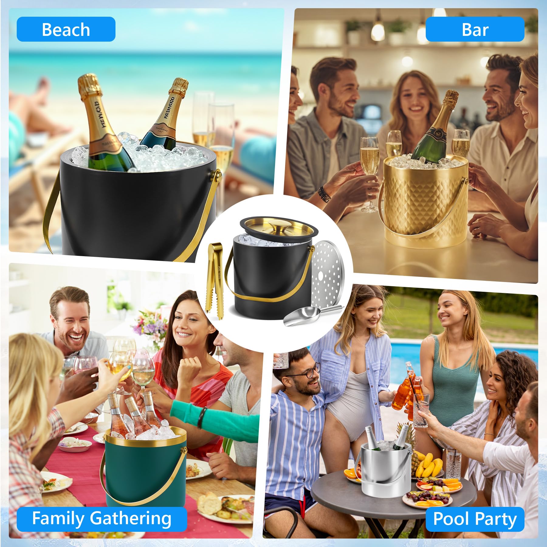 TOSELBAI ice bucket color options black, silver, gold, and green to fit any setup.
