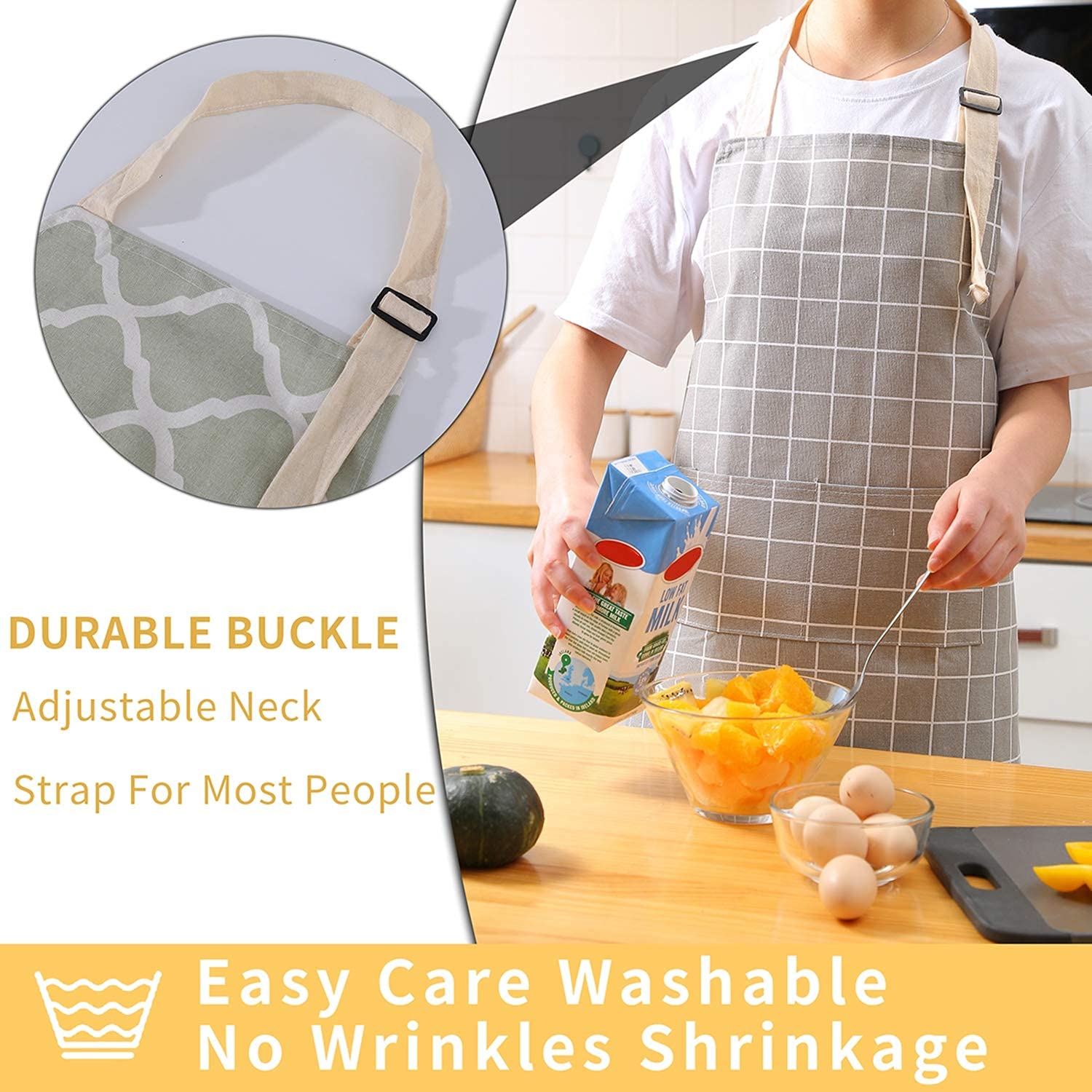 Tosewever apron protecting clothing from grease while cooking.
