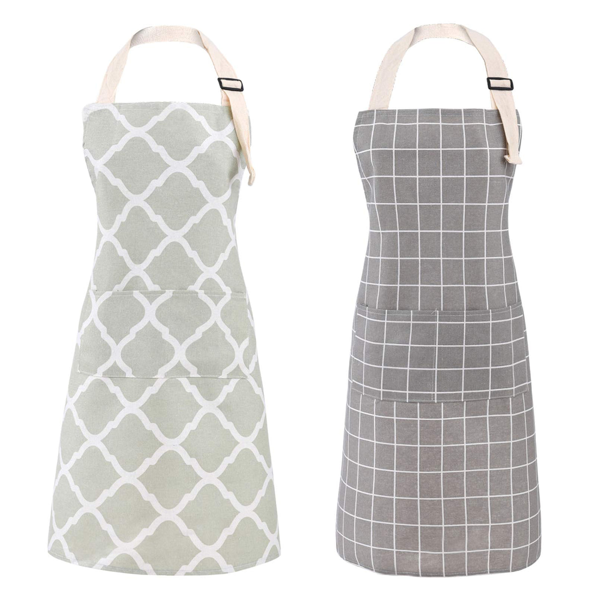 Tosewever cotton bib apron front view in grey-green with two pockets.