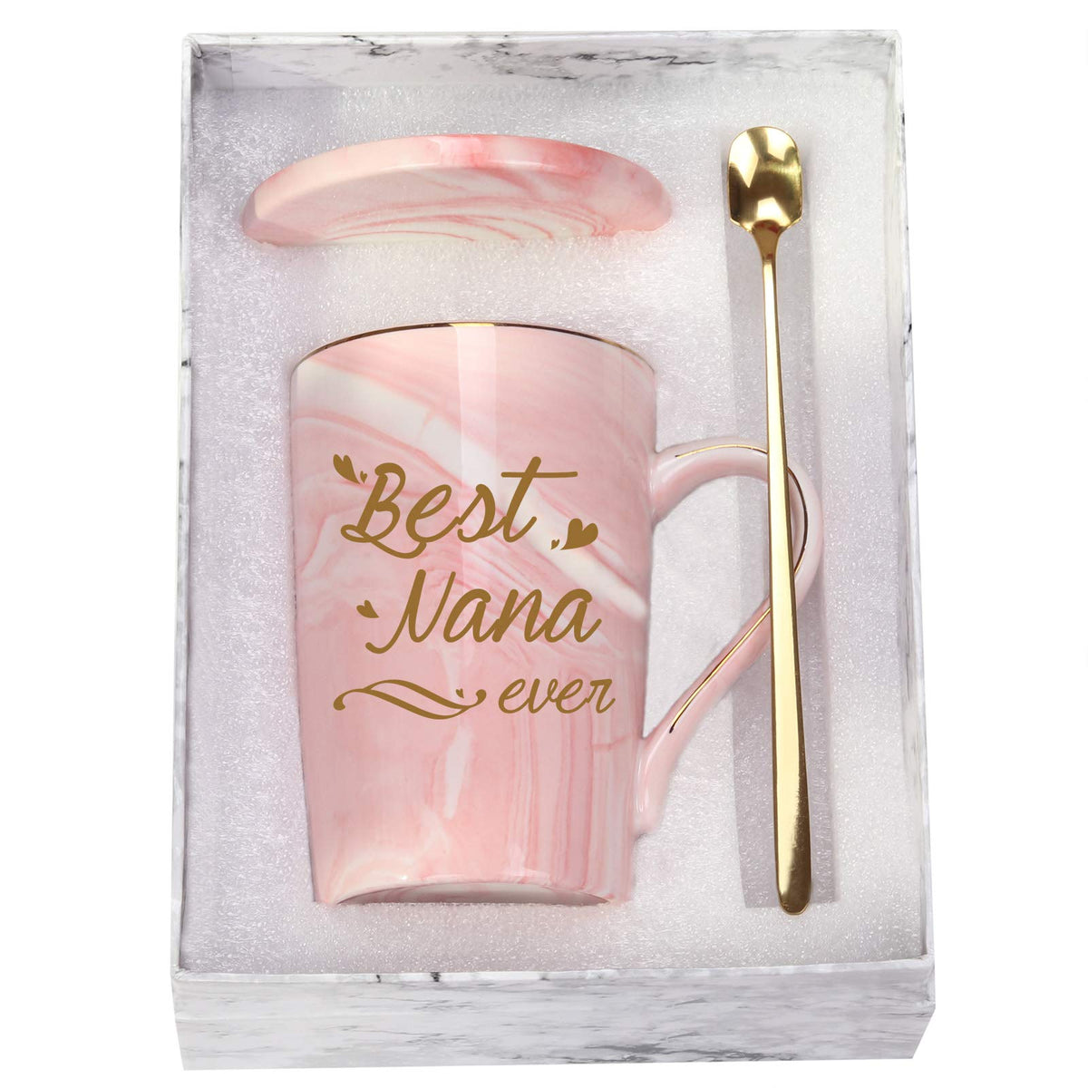 Toshiy Best Nana Ever mug in pink with gold detailing, perfect for gifting.