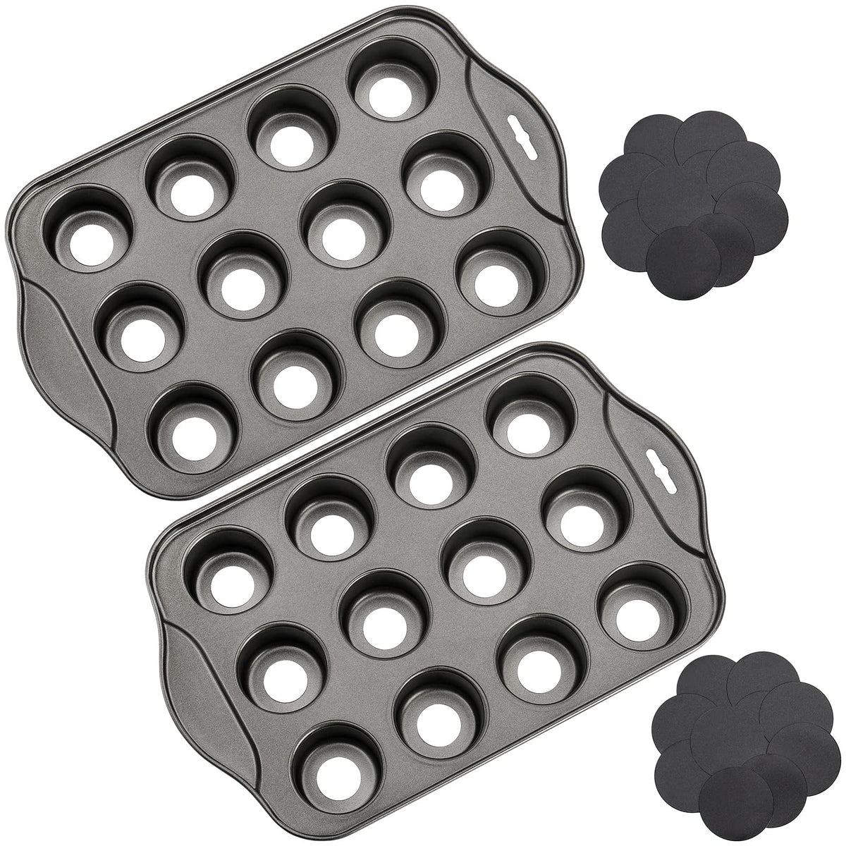 Tosnail 2-pack 12-cavity mini cheesecake pan with removable bottoms for easy release.