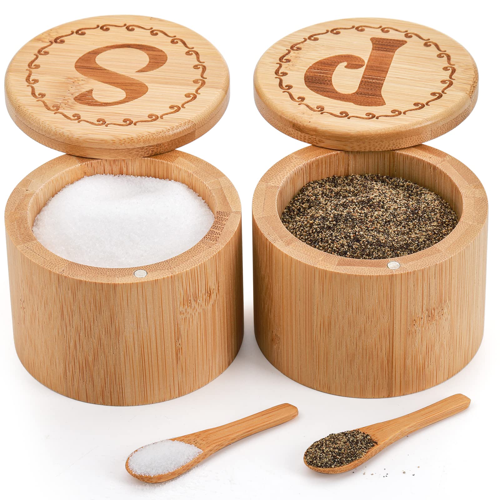 Tosnail bamboo salt and pepper box set with two spoons on countertops.