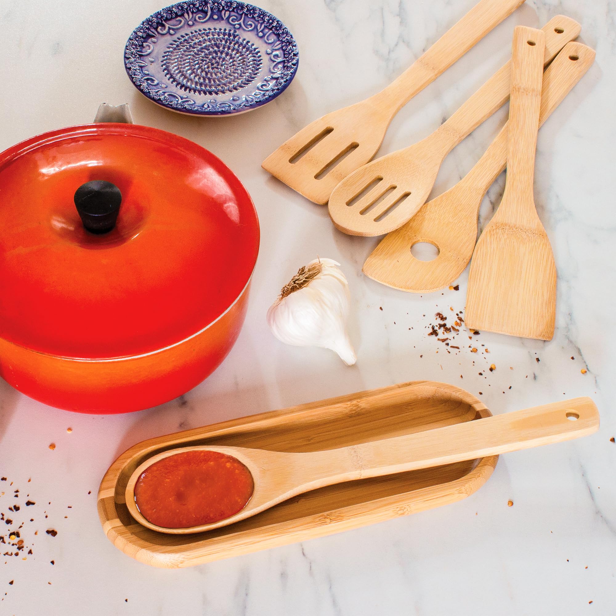 Totally Bamboo 5-Piece Utensil Set slotted spoon ideal for draining sauces.