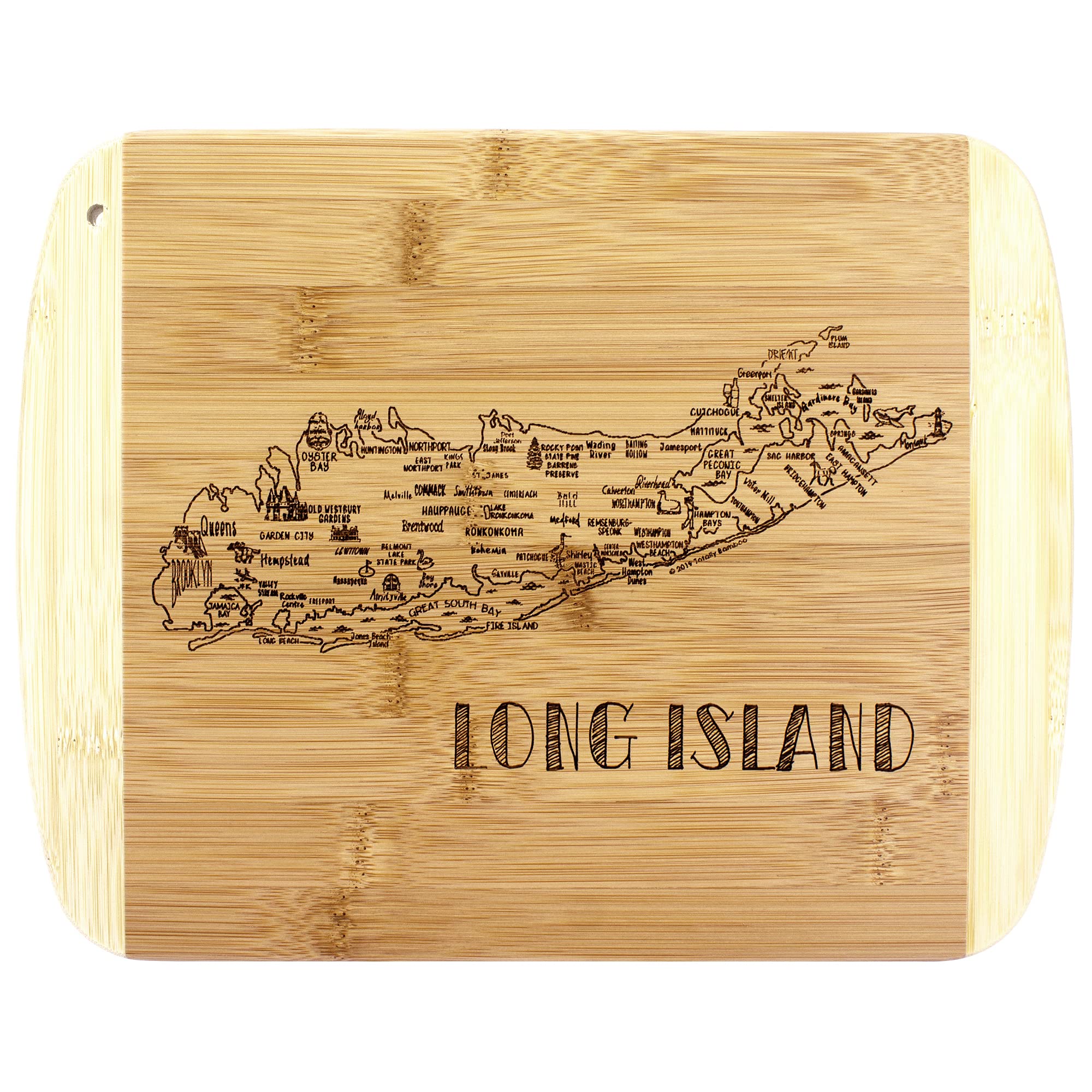 Totally Bamboo A Slice of Life Long Island board with engraved landmarks for elegant entertaining.