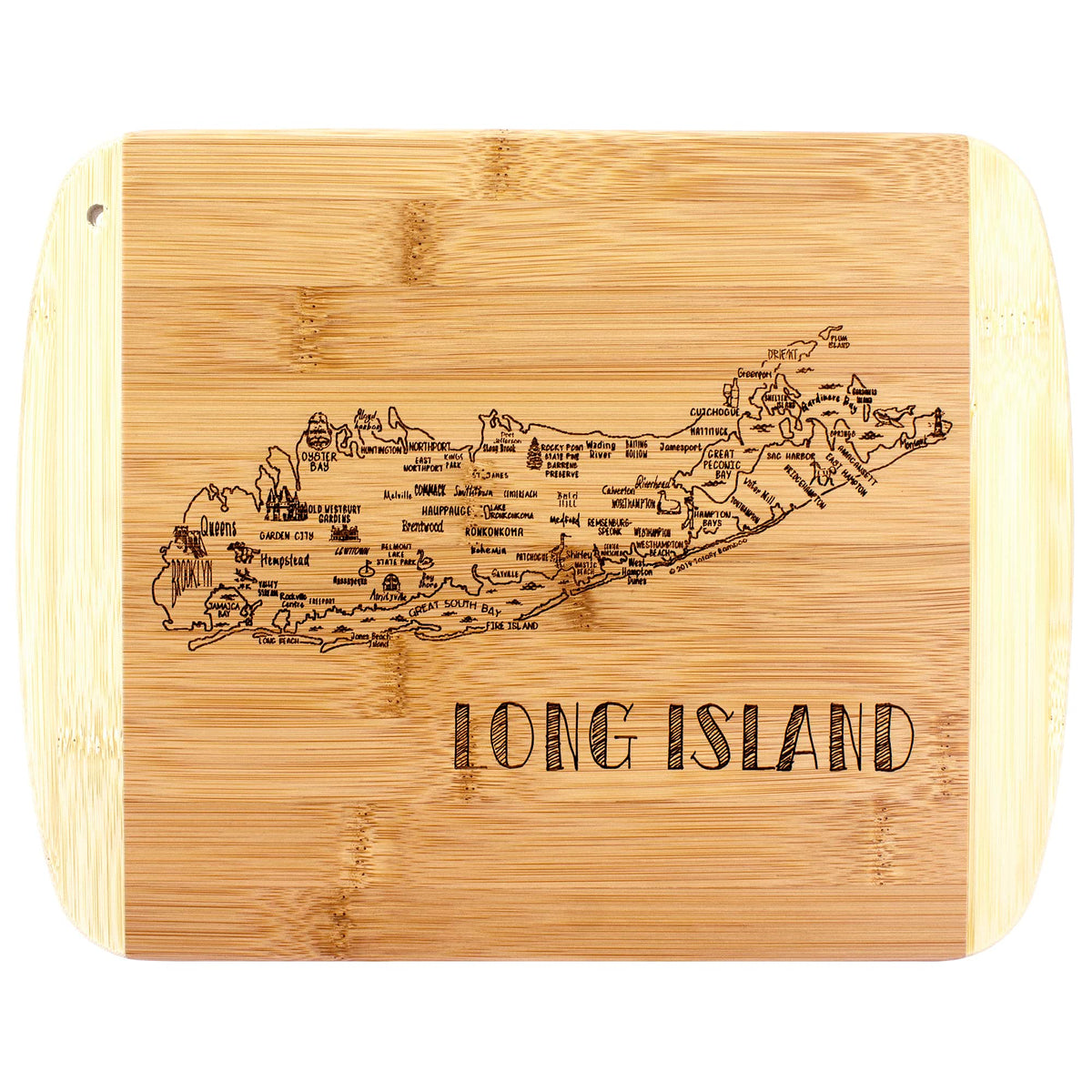 Totally Bamboo A Slice of Life Long Island board with engraved landmarks for elegant entertaining.