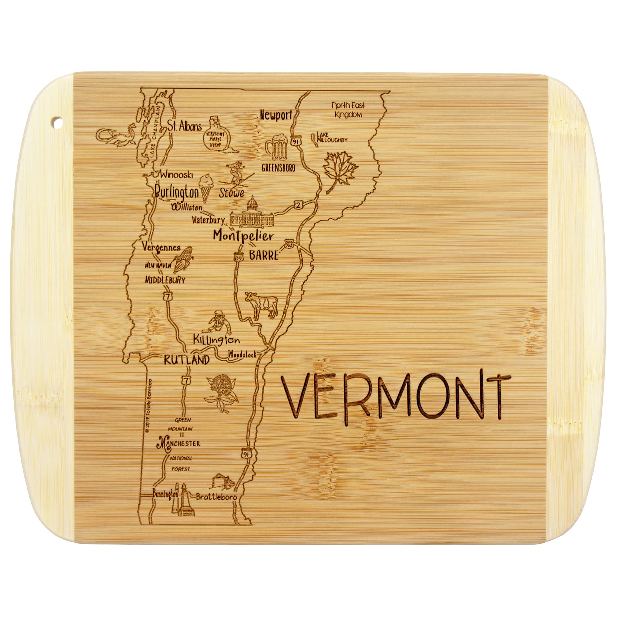 Totally Bamboo A Slice of Life Vermont board, top-view engraving of towns, ideal for stylish prep.