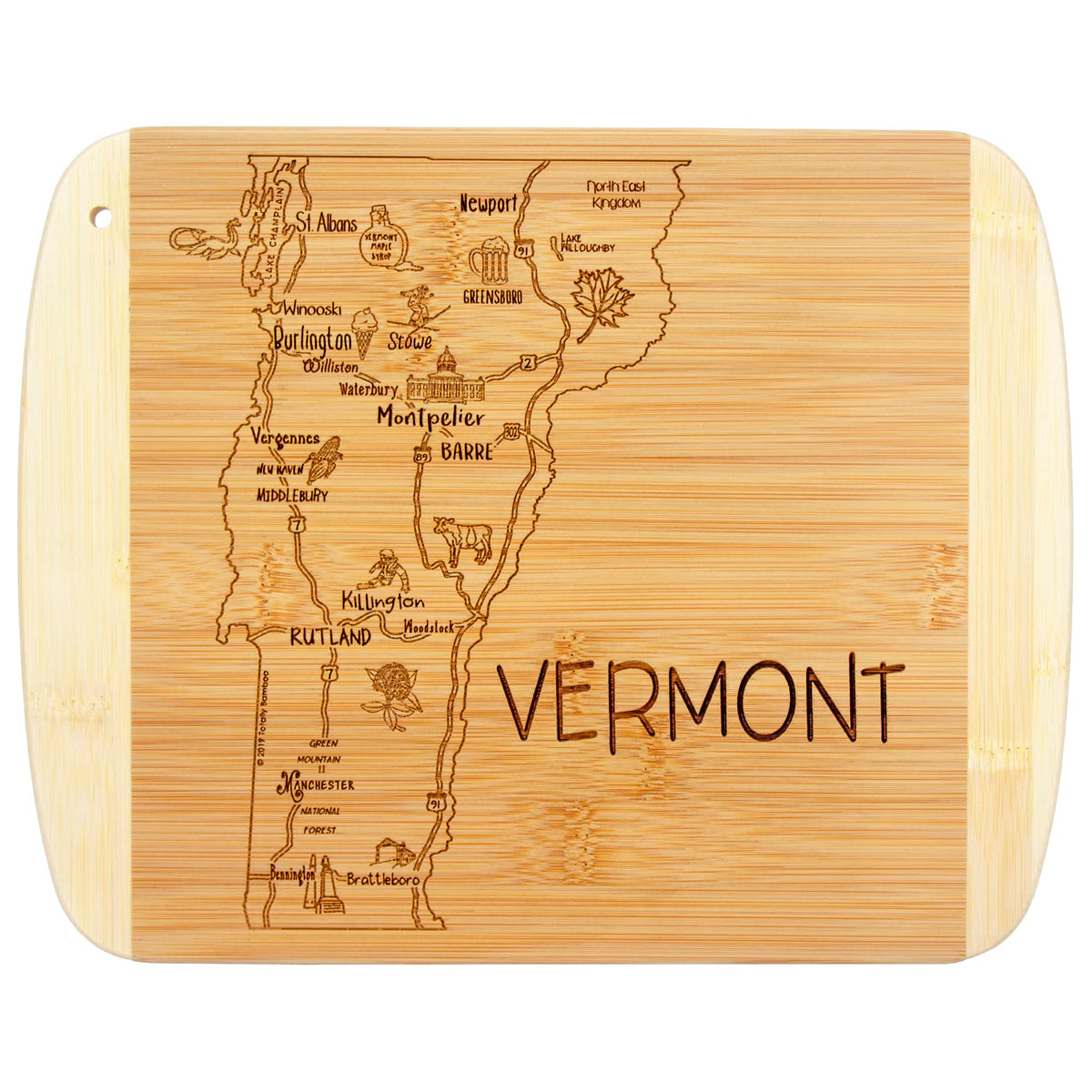 Totally Bamboo A Slice of Life Vermont board, top-view engraving of towns, ideal for stylish prep.