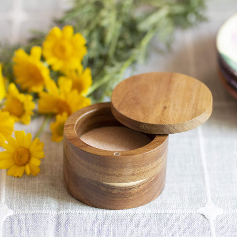 Totally Bamboo acacia wood salt storage box showcases natural grain for stylish kitchen storage.